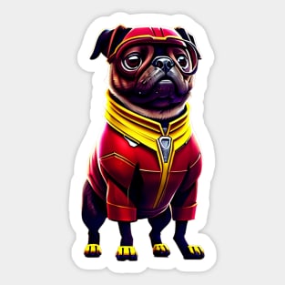 Cute Pug in Red Iron Suit - Adorable Dog in Custom Metal Costume Sticker